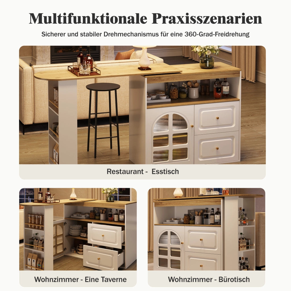 TAVOLO ALTO Girevole 138-204x39x104 cm MDF Bianco con 2 Cassetti
