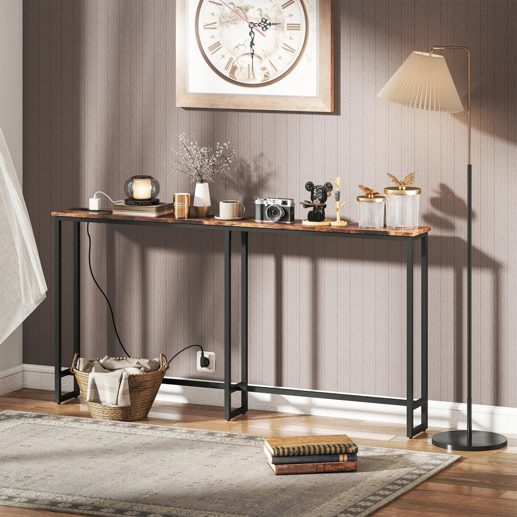 Consolle ingresso stretto stile industriale con prese elettriche e USB ¨C Xylo ¨C 160x20x80cm marrone