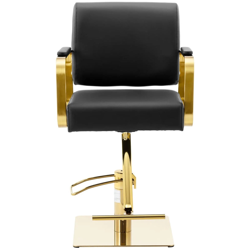 Poltrona professionale per parrucchiere con poggiapiedi 200 kg acciaio inox PVC nero e oro 14_0008942