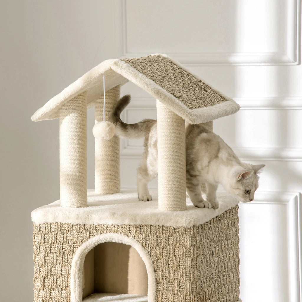 Tiragraffi con cuccia per gatti e giocattoli ¨C Xylo ¨C Sisal peluche beige marrone