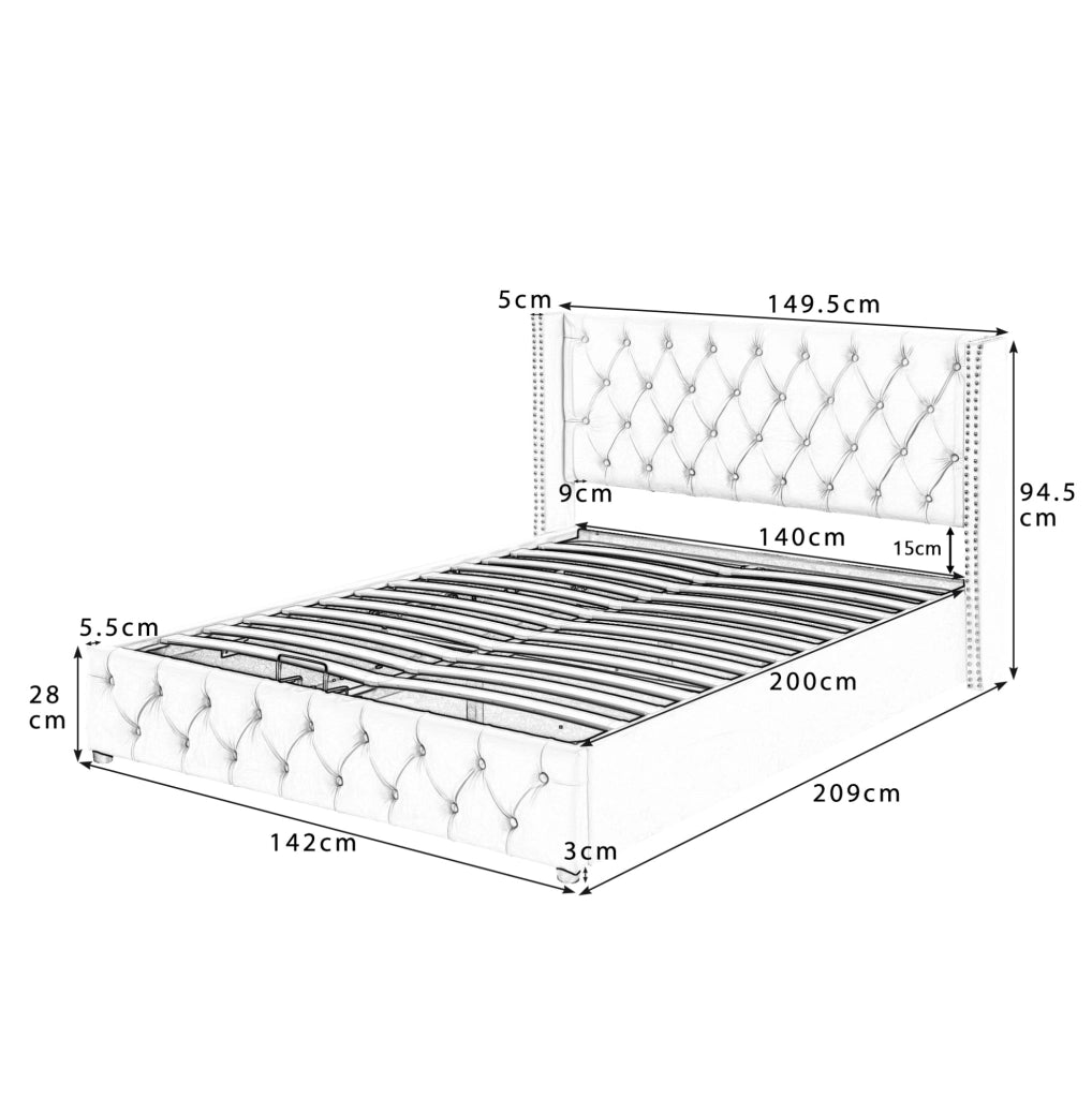 Letto matrimoniale imbottito stile Chesterfield 140x200 cm in velluto beige con contenitore