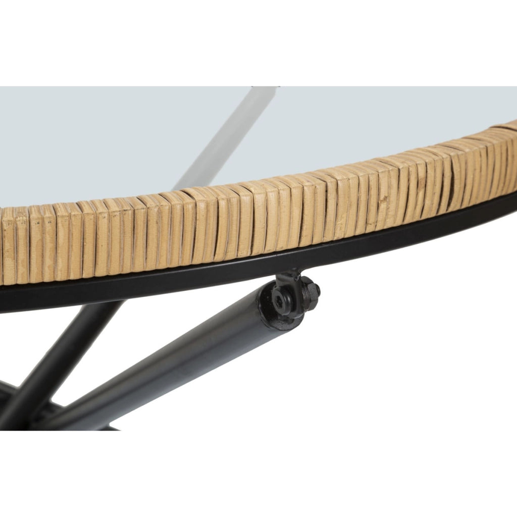 Tavolino da caffè rotondo Saint Barth con piano in vetro, ferro e rattan — Ø 80x46,5 cm