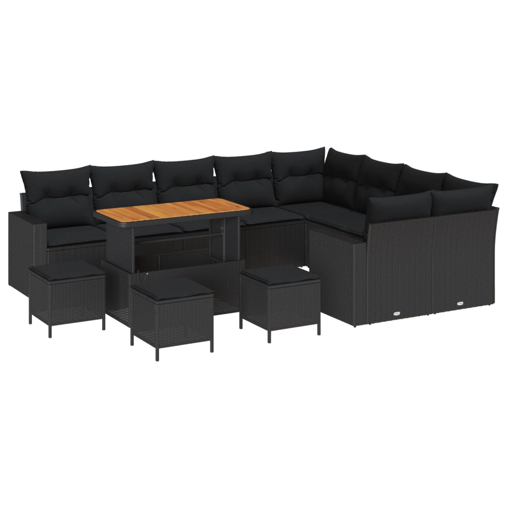 Set Divano da Giardino con 13 Pezzi e Cuscini Nero Polirattan Acacia