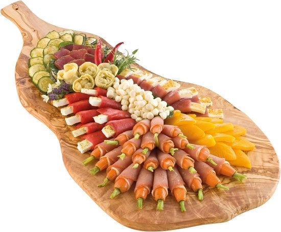 Pannello di olivo, tavola da pane, pannello di legno per buffet, grande con maniglia, lunghezza ca. 70 cm, larghezza ca. 35-40 cm