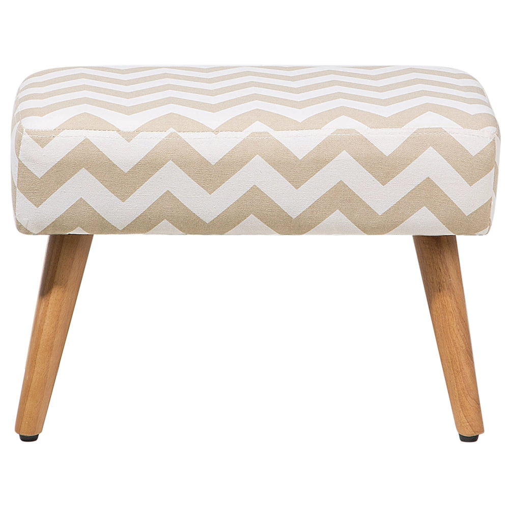 Poggiapiedi in Cotone Bianco e Beige a Zig Zag con Gambe in Legno