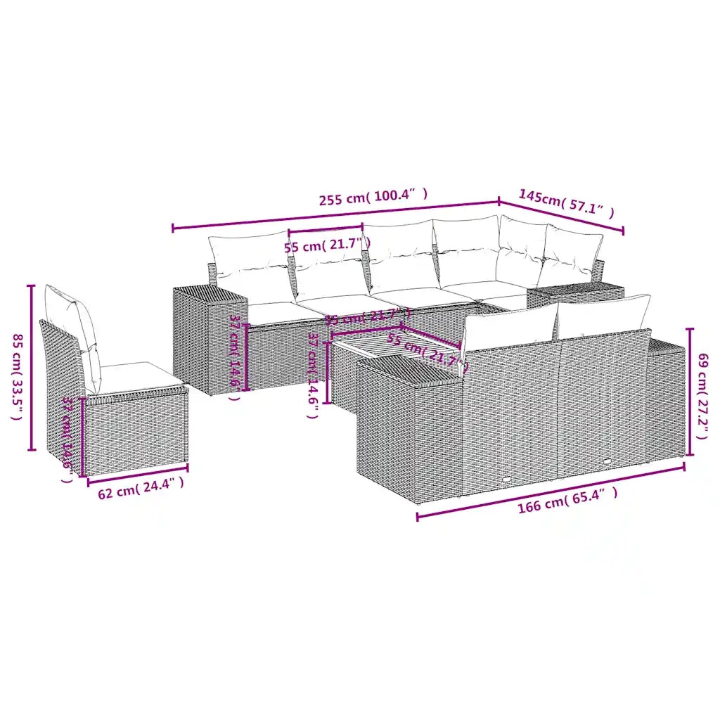 Set Divani da Giardino 9 pz con Cuscini Grigio in Polyrattan 3225543