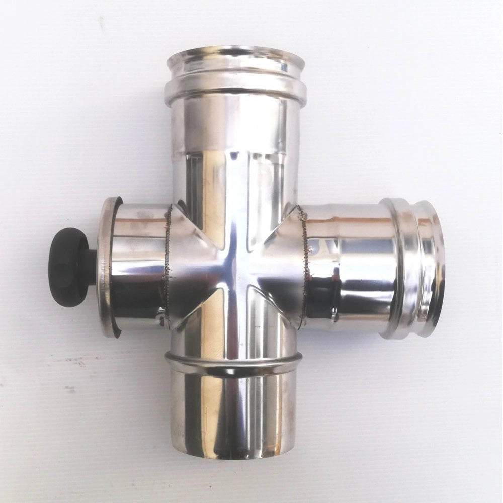 Raccordo a t da 80mm in acciaio inox croce con ispezione 5 decimi aisi 304