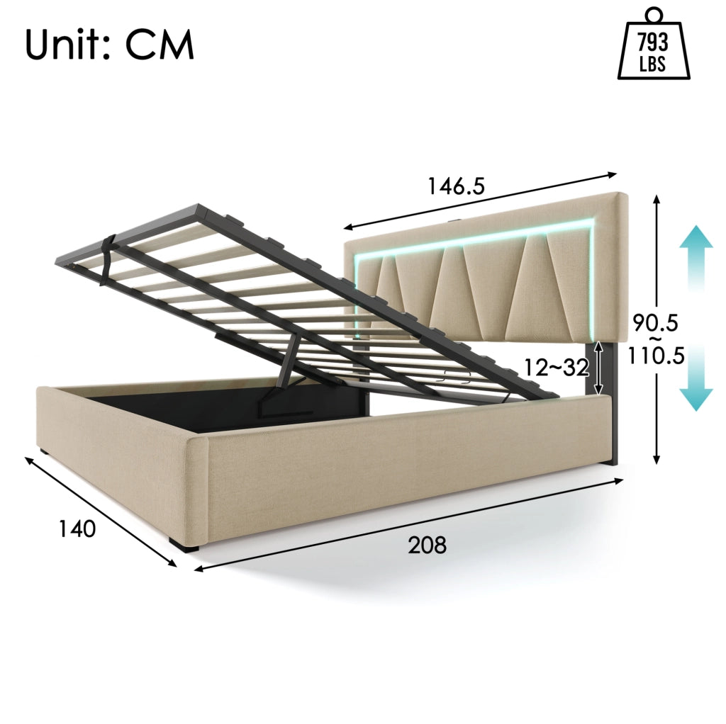 Letto matrimoniale contenitore 140x200 cm beige con LED, USB-C e materasso