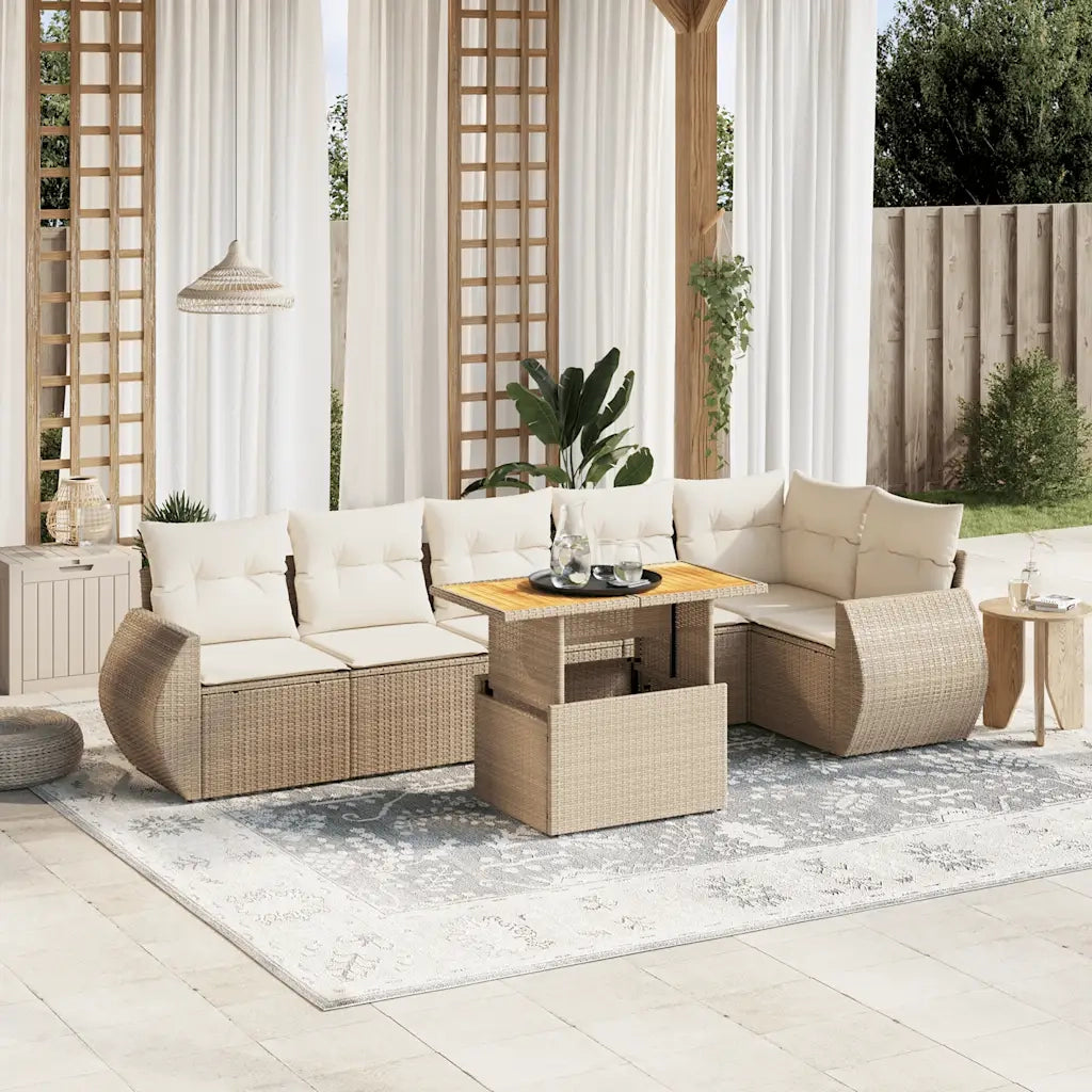 Set Divani da Giardino 7 pz con Cuscini Beige in Polyrattan