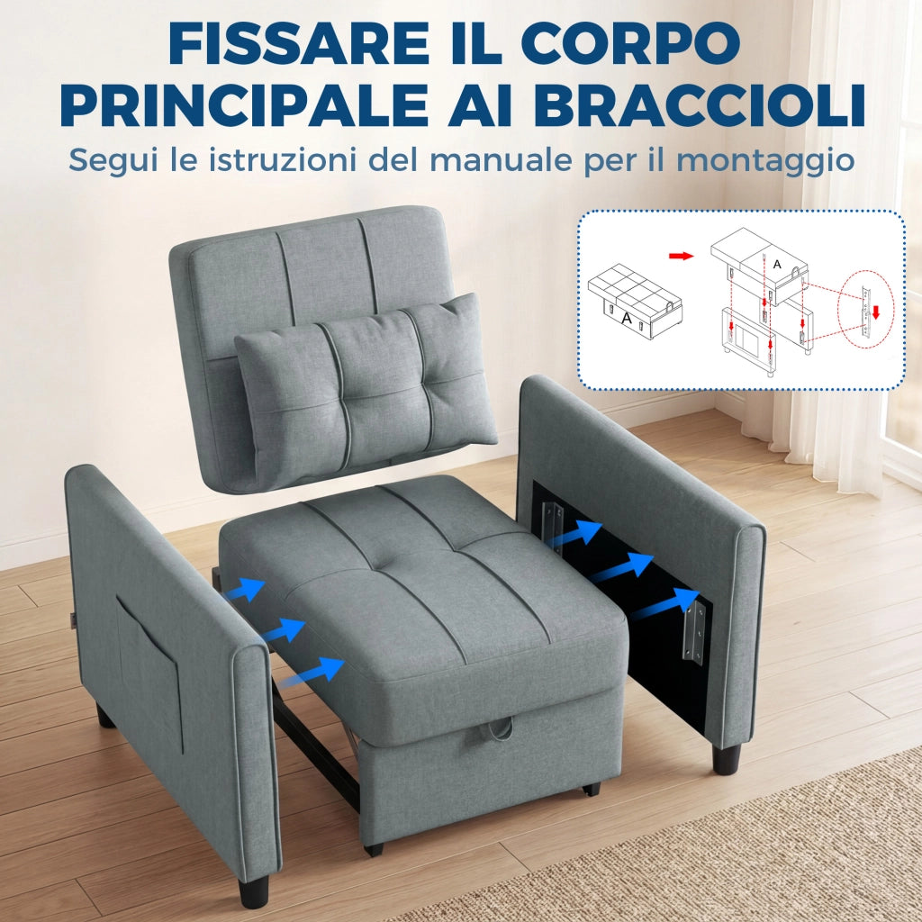 Divano Letto Pieghevole Convertibile 69x82x85 cm con Schienale Regolabile e Cuscino in Tessuto Effetto Lino Grigio