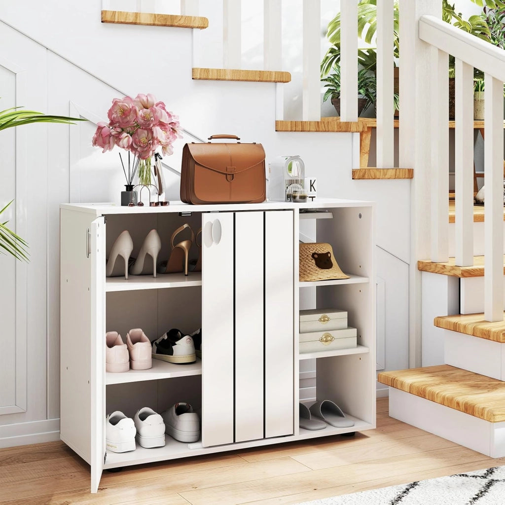 Scarpiera a 3 ripiani con 2 ante e 3 scomparti aperti con ripiani rimovibili, cassettiera per ingresso, corridoio e soggiorno, 80 x 31 x 64,5 cm (bianco)