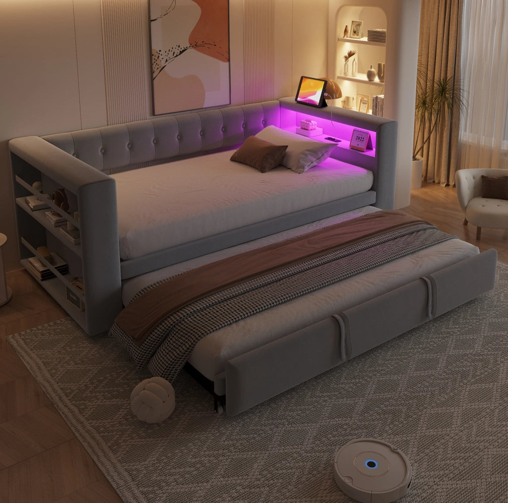 Divano letto multifunzionale 90/180x190 cm con LED; prese e vano contenitore; grigio chiaro