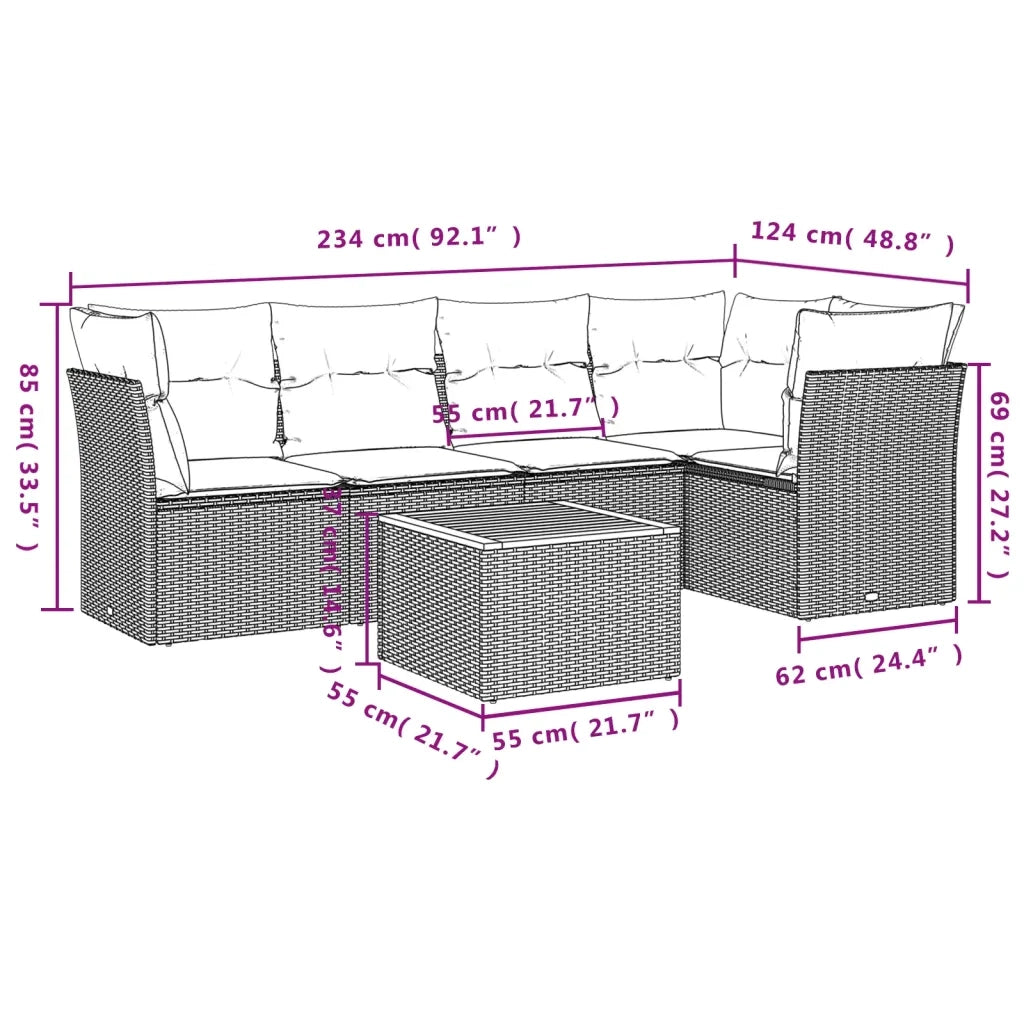 Set Divano da Giardino 6 pz con Cuscini Beige in Polyrattan