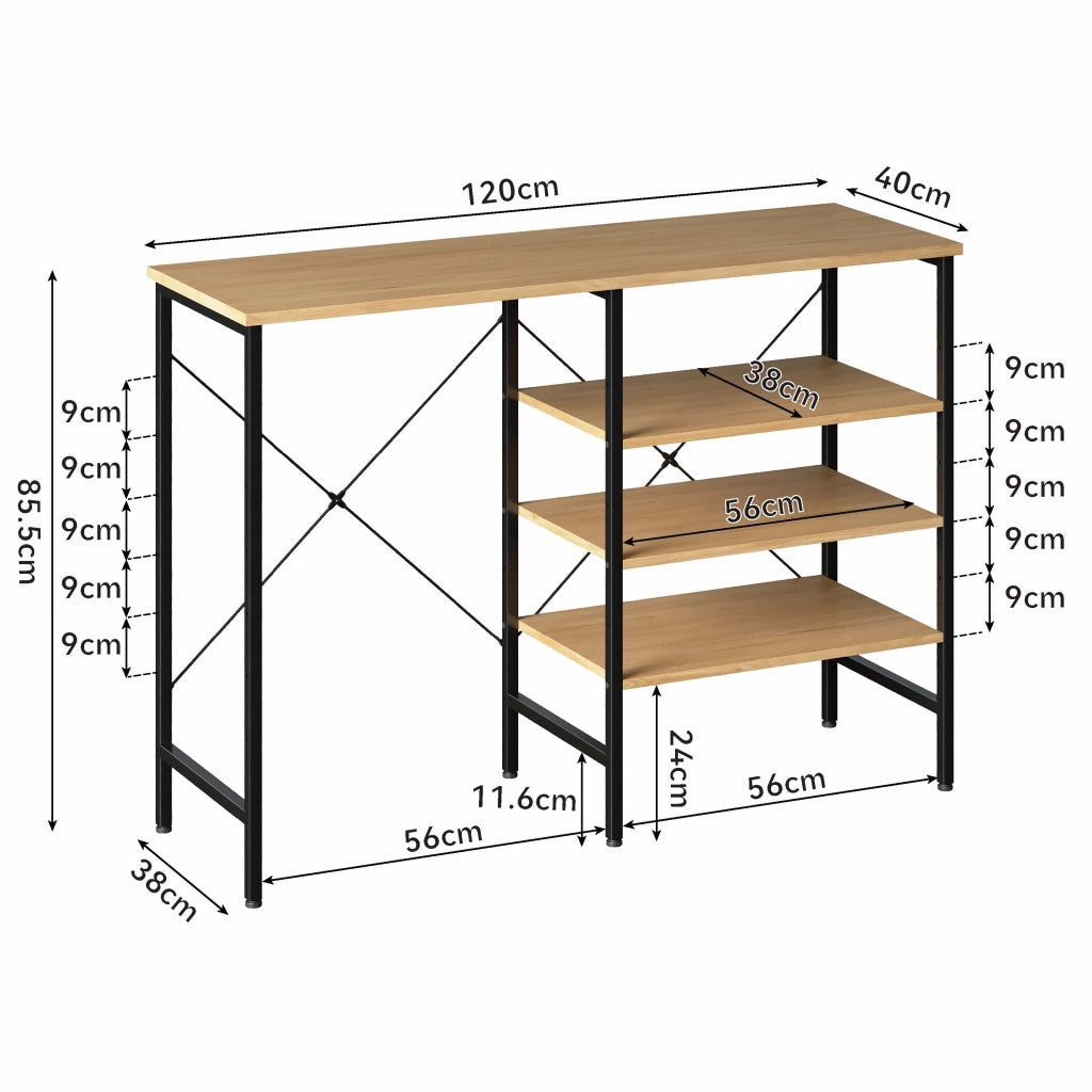 Tavolo organizer multifunzionale in metallo e MDF, nero e finitura legno, montaggio flessibile, 120 x 40 x 85,5 cm