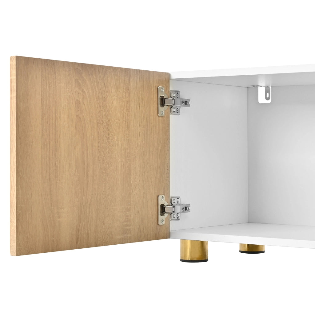 Mobile TV 180x35x40 cm con 4 ante e rilievo ad arco in MDF e pannello truciolare naturale e bianco