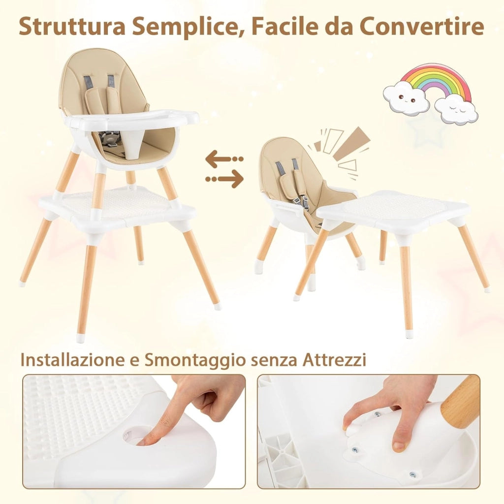 6-in-1 Seggiolone per Neonati, Seggiolone Prima Pappa, Tavolo e Sedia Convertibile per Bambini, Imbracatura di Sicurezza, Vassoio Rimovibile, per Bambini 6-36 Mesi (Beige+Bianco)