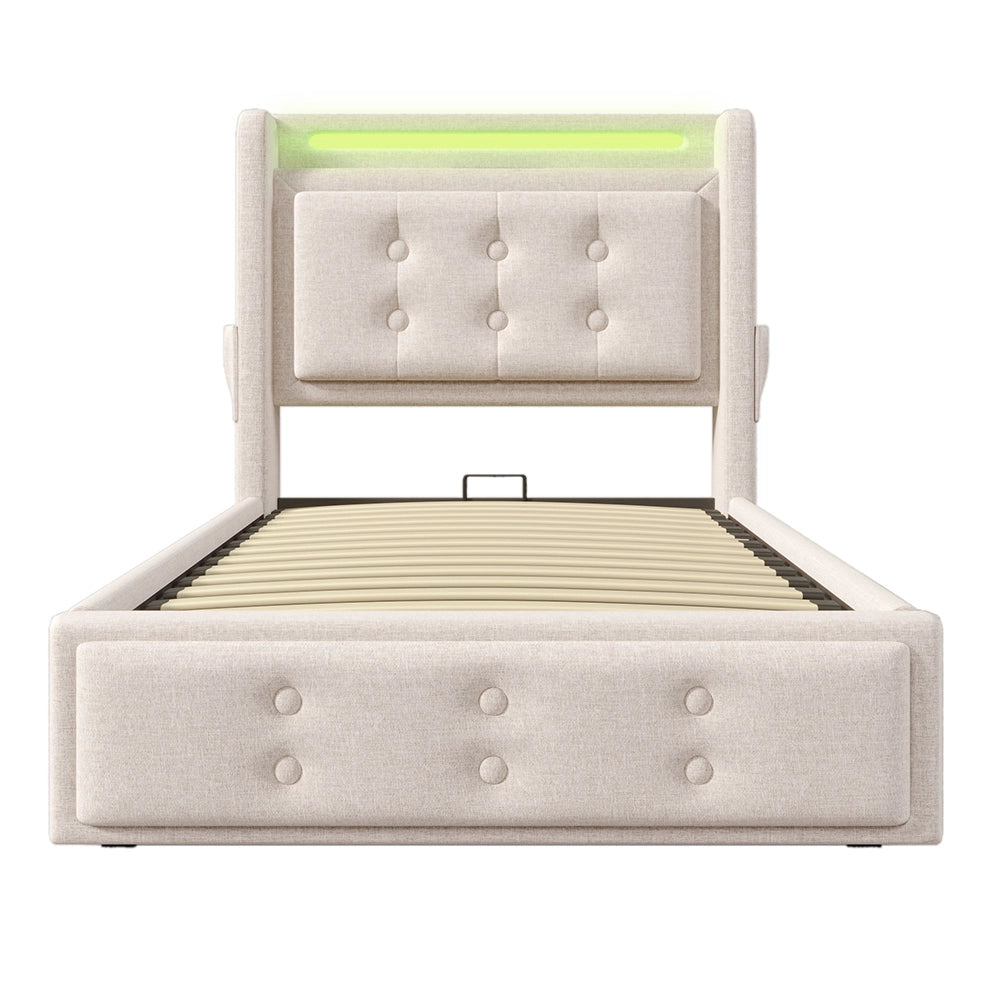 Letto a cassone per adulti 90x200 cm - Xylo - Testiera LED USB C, rete a doghe, Beige