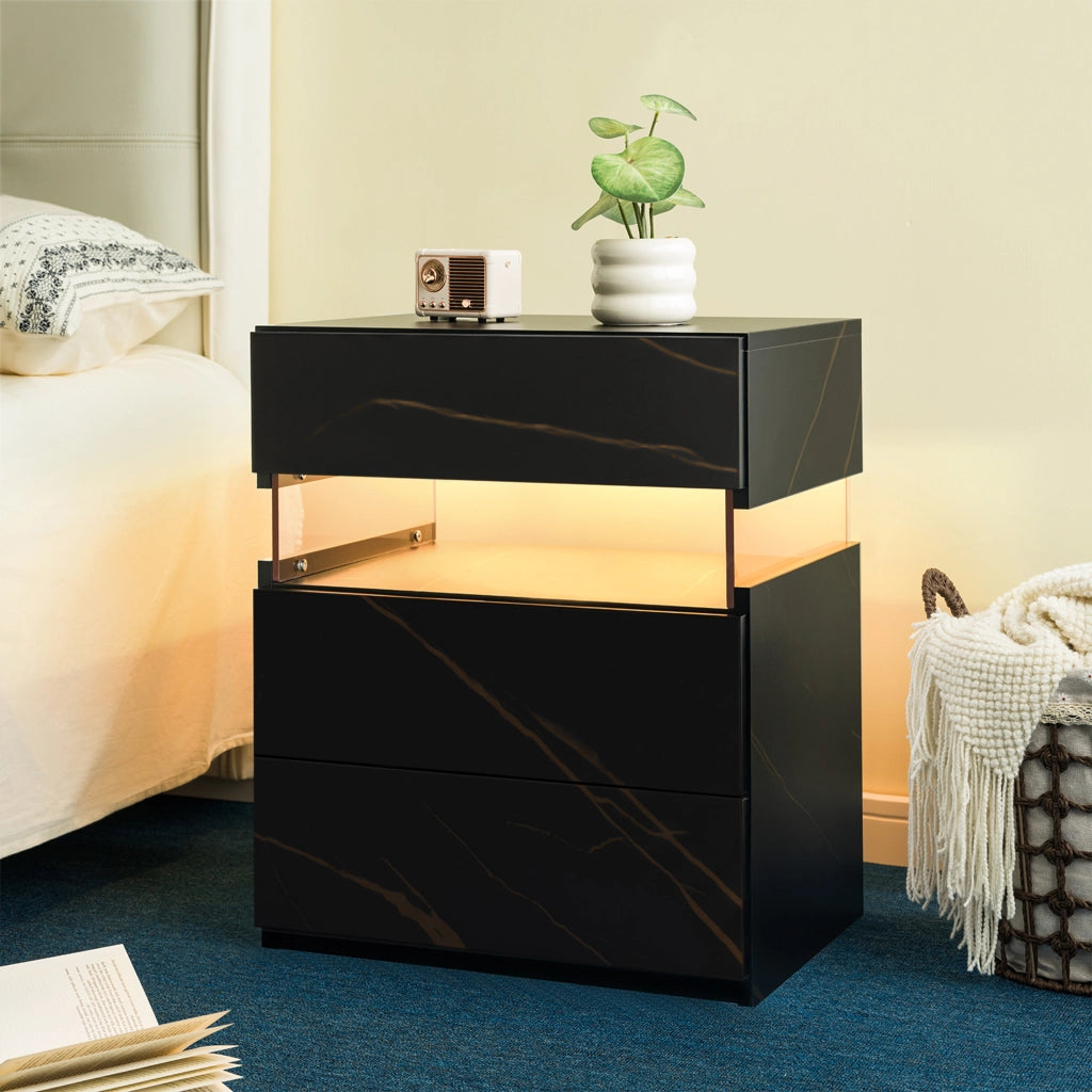 COMODINO con LED e 3 cassetti Nero e oro