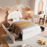 Letto imbottito beige 90x200 cm con testiera a orsetto; quattro cassetti e LED