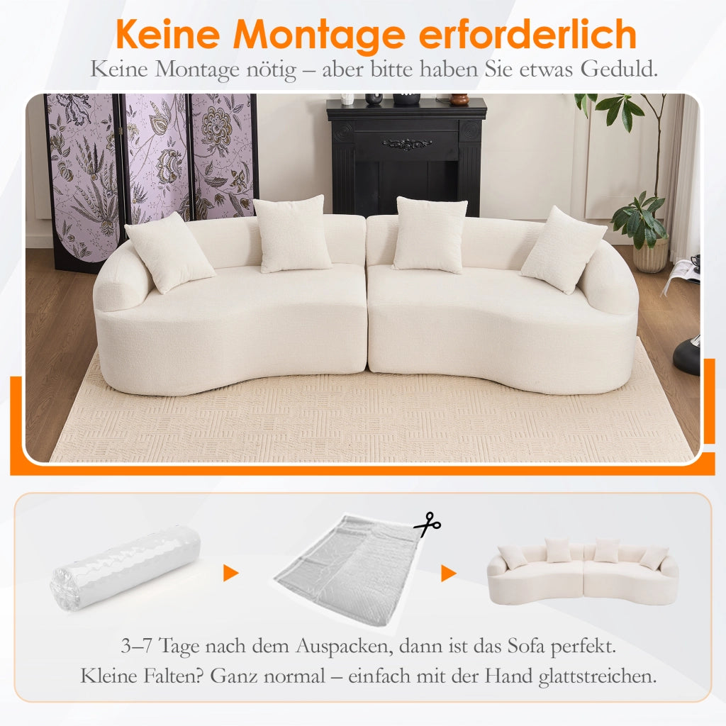 Divano angolare modulare 4 posti con design curvo in ciniglia, seduta comoda, bianco 275 × 115 × 63 cm
