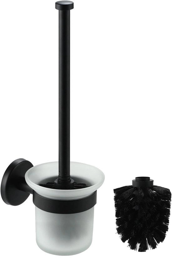 Set di spazzole per il water, spazzola per il water, set di spazzole per il water nero, spazzola per il water senza punte, supporto per spazzola per il water con supporto per fissaggio alla parete, inclusa spazzola di riserva, acciaio inossidabile + vetro