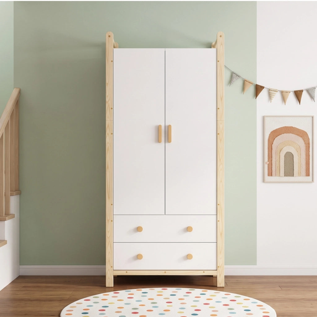 Armadio Guardaroba Bianco e Legno 90×45×180 cm con 2 Ante; Barra Appendiabiti e 2 Cassetti