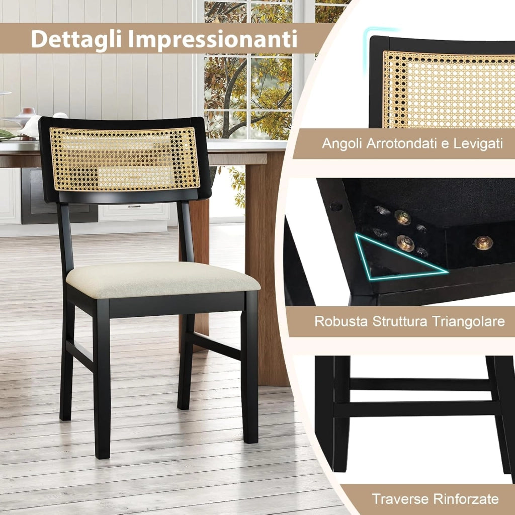Set di 2 Sedie da Pranzo in Rattan, Sedie da Cucina Imbottite con Rivestimento in Tessuto, Gambe in Legno e Schienale Curvo per Soggiorno, Sala da Pranzo e Ristorante, Portata 180 kg