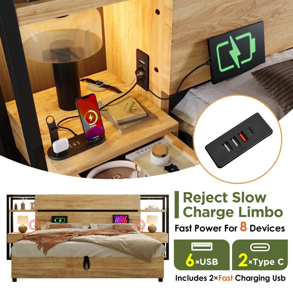 Letto contenitore matrimoniale 160 × 200 cm con cassetti, USB e Type-C, senza materasso, in MDF e metallo, rovere