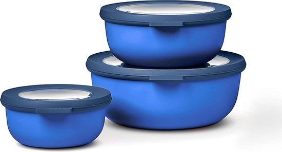 Set di contenitori a 3 pezzi Cirqula a forma rotonda - contenitori di conservazione con coperchio - contenitori per frigorifero, congelatore e forno a microonde - 350 ml, 750 ml e 1250 ml - Blu Vivace