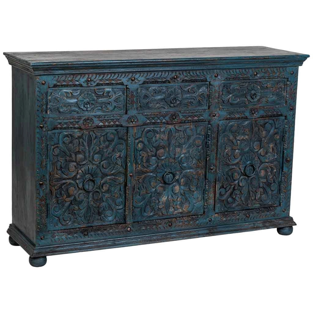 Credenza artigianale in legno, blu, 147x45x96h cm