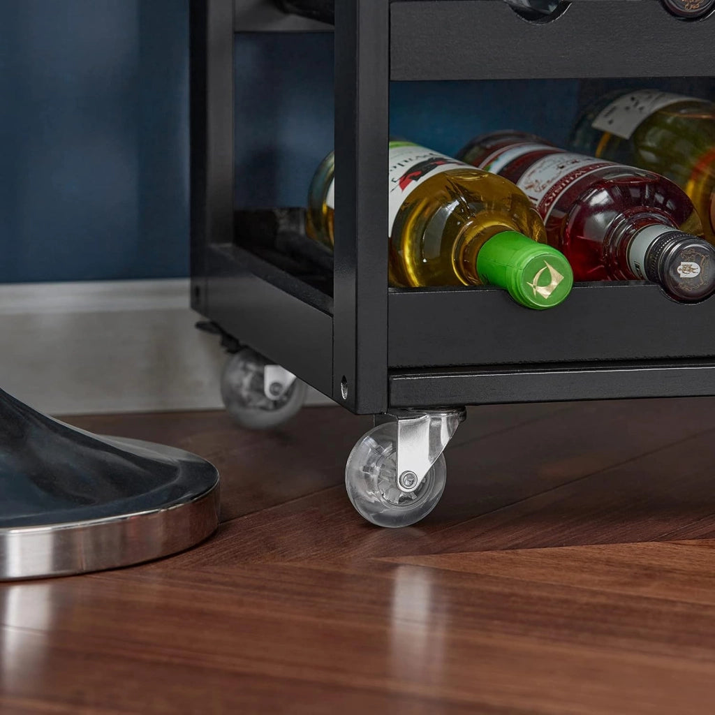 Carrello Cucina con Ruote, Isola Cucina Mobile con Cassetto e Portabottiglie, Mobiletto Salvaspazio con Piano in Legno di Gomma, Cucina da Esterno Credenza Nero 67 x 38 x 87 cm FKW45-SCH