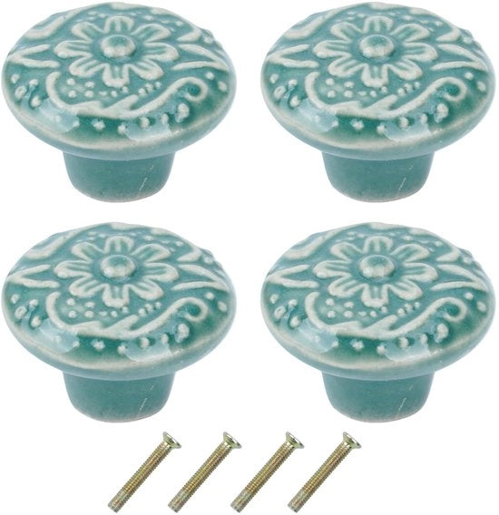 Set di maniglie da parete da 4 - Ceramica vintage - Disegno di fiori verde - Maniglie rotonde da porta - Ideale per armadi cucina - Diametro 3,4 cm - Maniglie per armadi