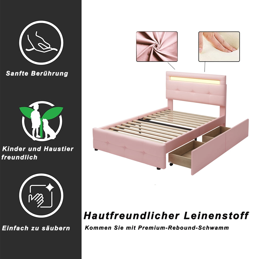 Letto singolo 90×200 cm con 2 cassetti; LED; testiera regolabile; senza materasso; legno; rosa