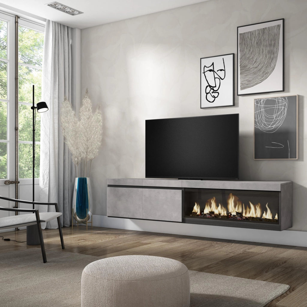 Mobile TV, Soggiorno, 208x35x45cm, Per TV fino a 80", Camino elettrico XXL, da appendere, grigio cemento RF3208