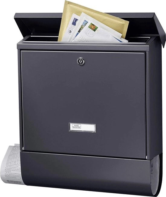 Postino con scomparto per giornali e targa, acciaio inox, formato di inserimento DIN C4, 2 chiavi, nero antracite
