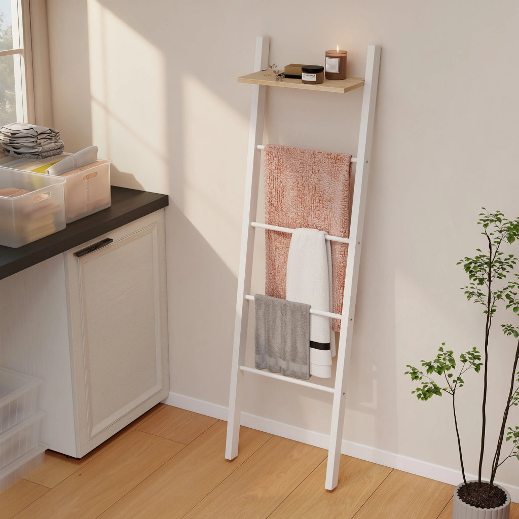 Scala Portasciugamani con Ripiano e 4 Barre ¨C zephmum ¨C Bianco e Rovere 43x20x151 cm