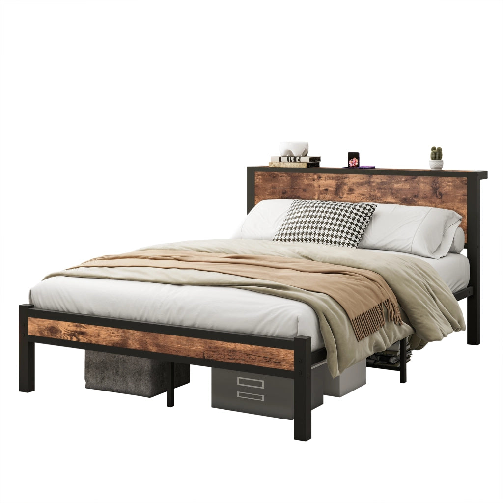 Letto per adulti 140 × 200 cm con testiera contenitore, senza materasso, in MDF e metallo, marrone antico