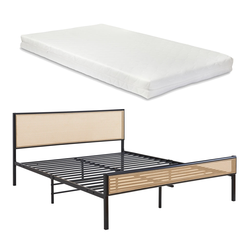 Letto Matrimoniale Linköping in Metallo Nero con Materasso 160x200 cm Testiera e Pediera Effetto Rattan [en.casa]