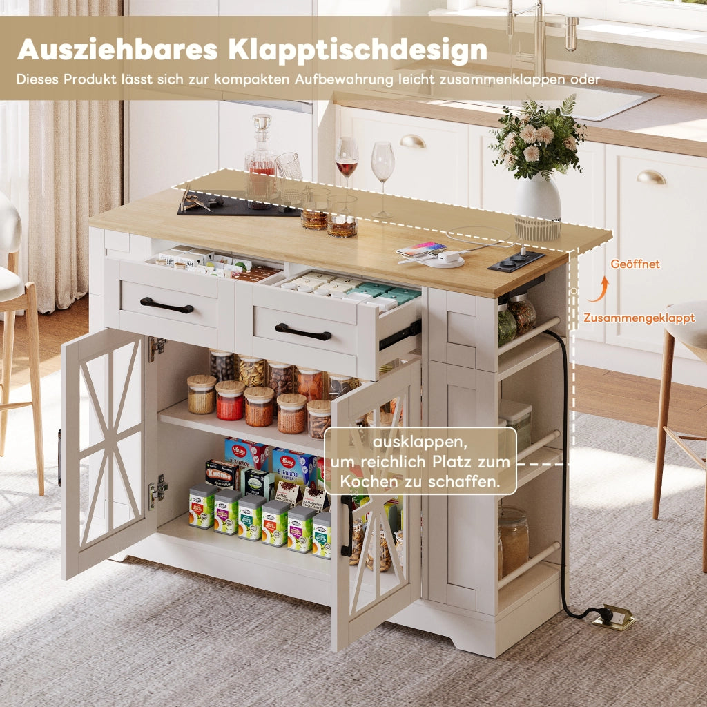 Isola cucina con piano ribaltabile, 2 ante in vetro, 2 cassetti, ripiani aperti, prese elettriche e USB, su ruote