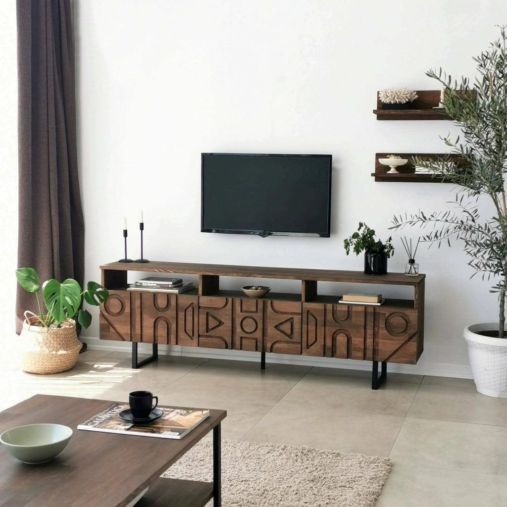 Mobile porta TV Barete, Credenza da soggiorno, Armadio basso per TV, Base parete attrezzata, 170x30h40 cm, Noce