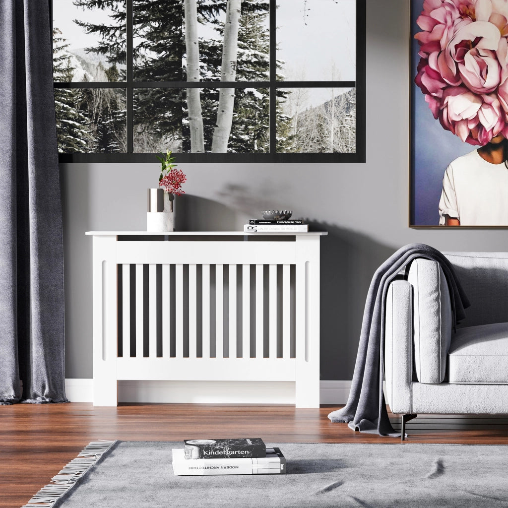 EasyComfort Copritermosifone a Doghe in MDF per Casa e Ufficio, 112x19x81 cm, Bianco