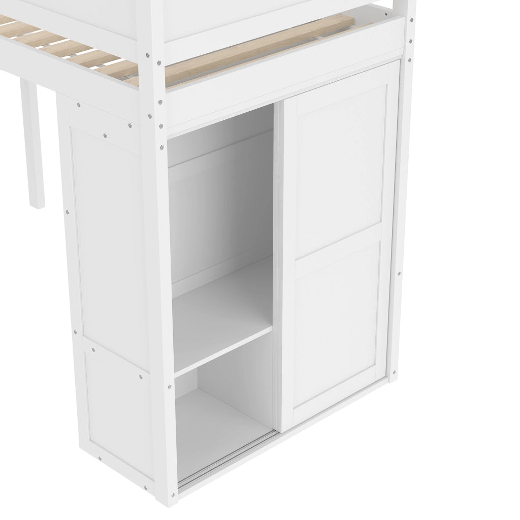 Letto a soppalco 90x200 cm bianco con armadio e vano contenitore