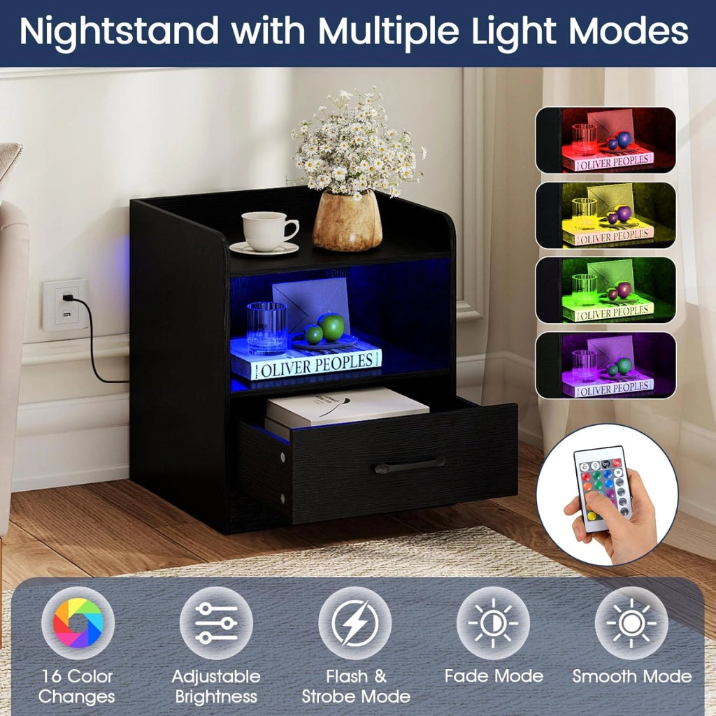 Comodino Cameretta con Luce LED a 16 Colori, Tavolino Camera da Letto con Ripiano Aperto e Cassetto, Comodino Moderno con Telecomando per Soggiorno, 44,5 x 40 x 50 cm, Nero