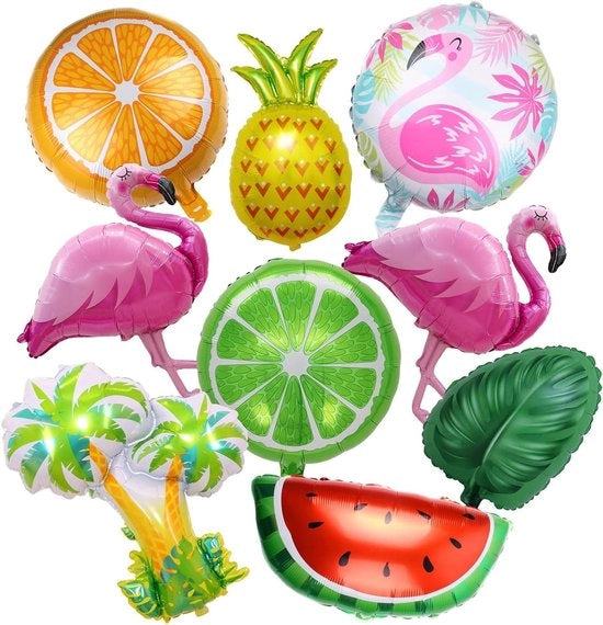 Decorazione di festa tropicale con pallone Hawaii, flamingo, ananas e palma