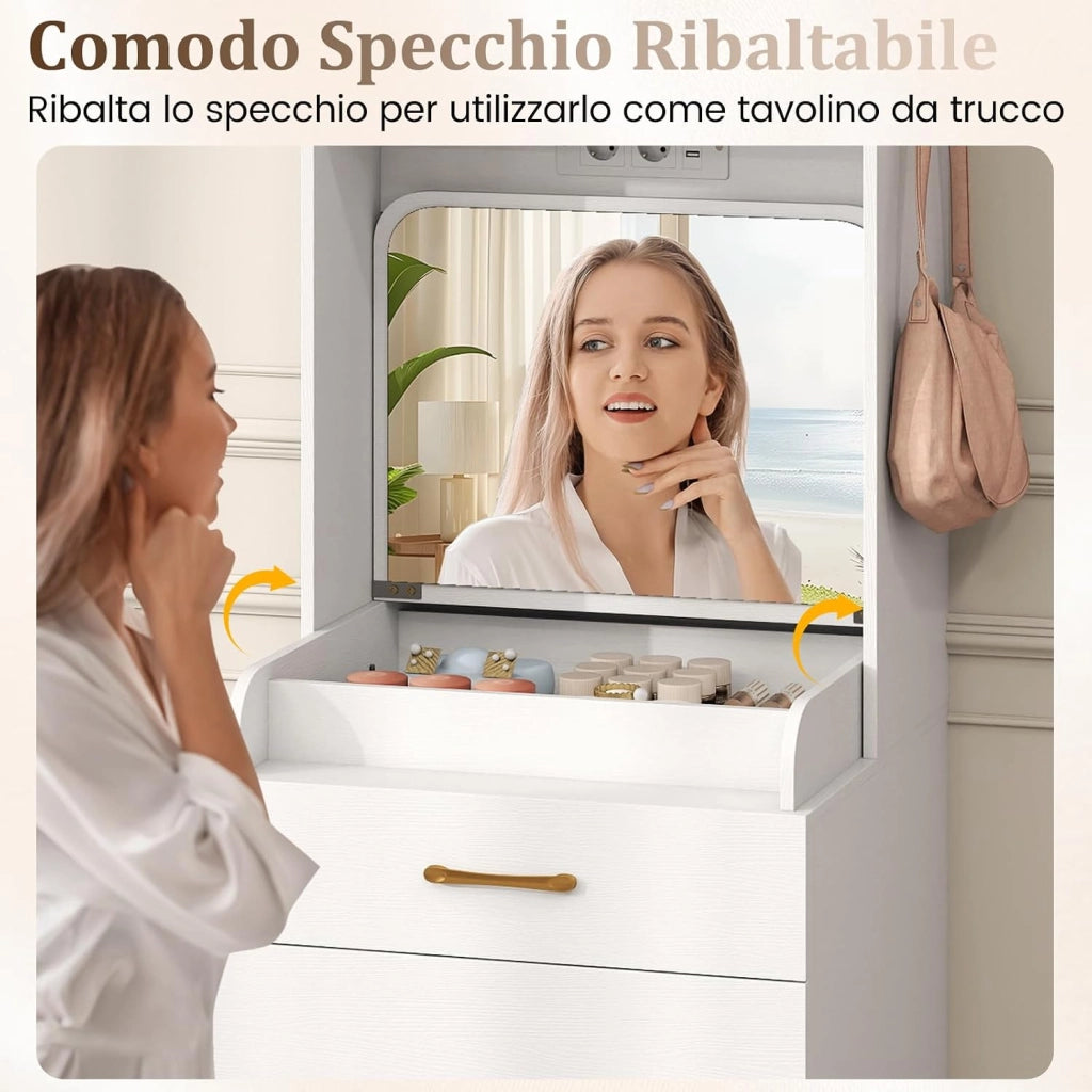 Toeletta da Trucco con Sgabello, Tavolo da Trucco con Specchio Ribaltabile Stazione di Ricarica, Ripiano Regolabile, Postazione Trucco con 2 Cassetti, Ganci, per Camera da Letto Soggiorno