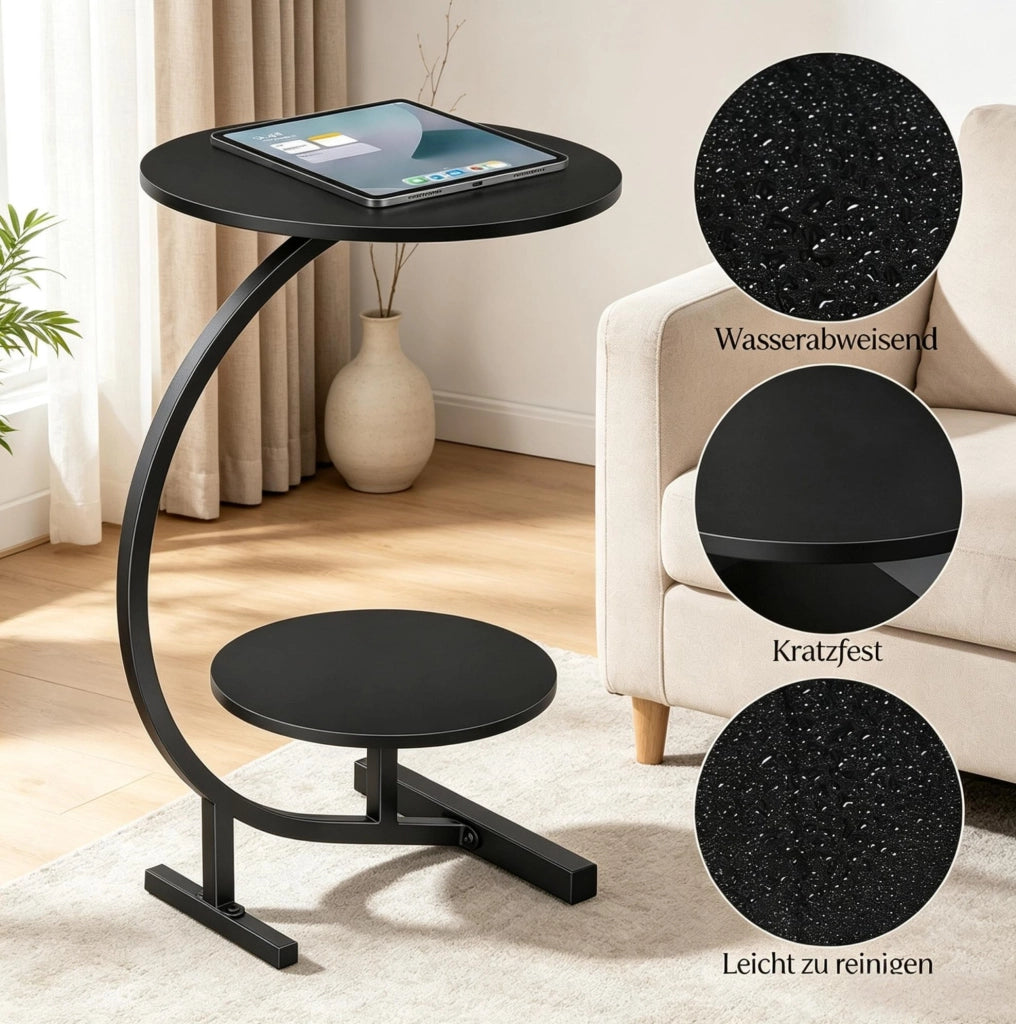 Tavolino rotondo a 2 ripiani in MDF e metallo nero, Ø40/30x66 cm