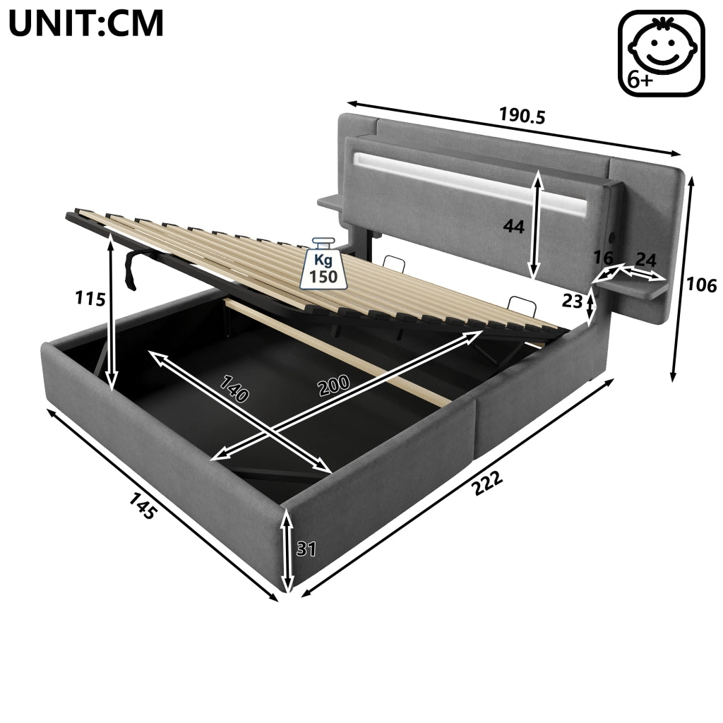 Letto contenitore 140 × 200 cm con sollevamento idraulico comodino integrato USB LED multicolore in lino grigio