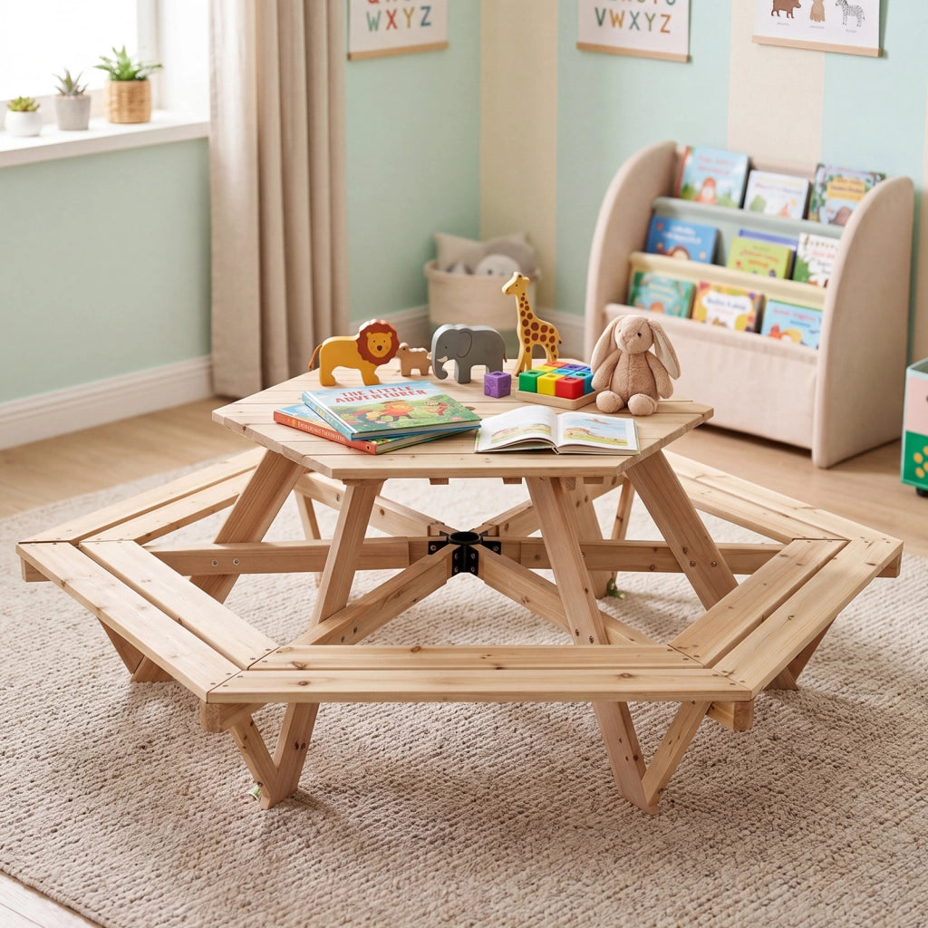 Tavolo da picnic esagonale massello 6 panche ombrellone regolabile, Tavolino per bambini 3-8 giardino balcone cameretta