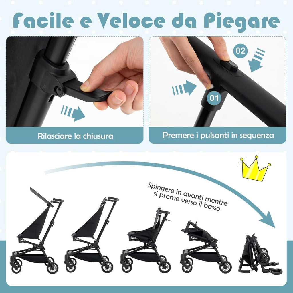 Passeggino Leggero per Bambini, Passeggino Compatto con Tettuccio Regolabile, Cestino di Stoccaggio e Ruote, Passeggino Pieghevole per Bambini 6+ Mesi