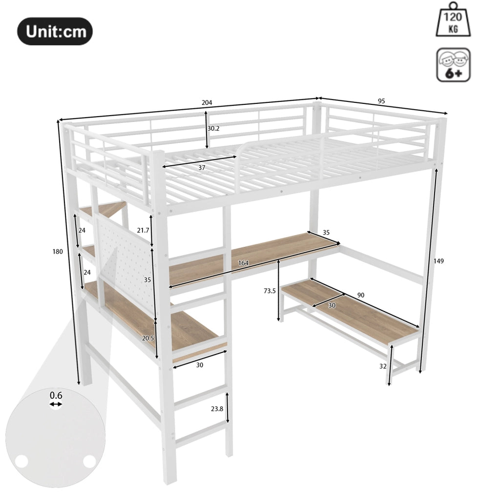 Letto a soppalco 90x200 cm con scrivania, LED e prese USB-C
